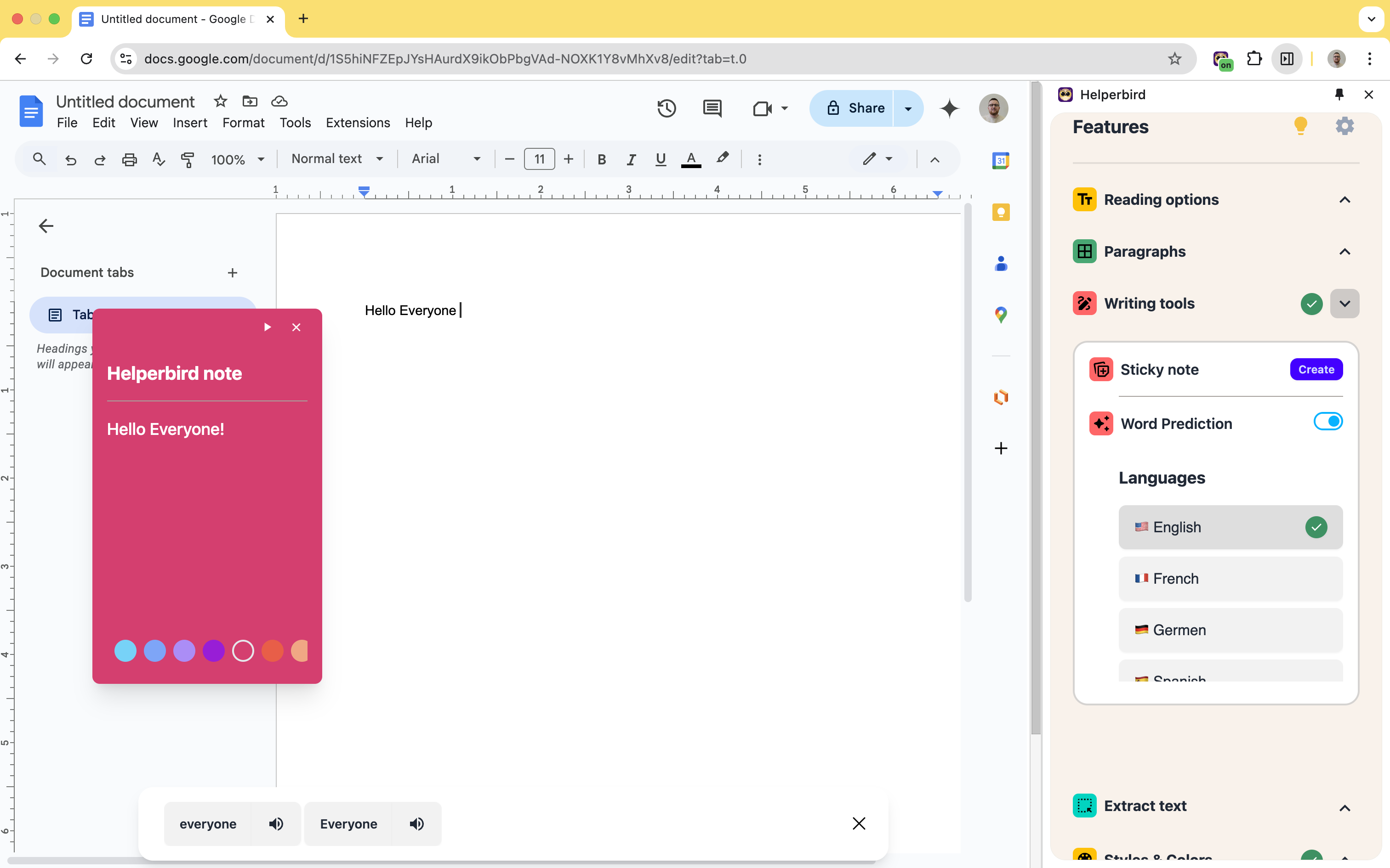 Screenshot of a Google Docs document titled 'Untitled document'. The document has partial text stating 'Hello everyone my nam'. Beneath this sentence, a word prediction tool suggests completions like 'name', 'names', 'named', etc. On the right side, the Helperbird extension is active, displaying several features, including a bright pink 'Helperbird note' quoting Chef Gusteau from Ratatouille: 'Your only limit is your soul. What I say is true—anyone can cook ... but only the fearless can be great.' Other visible Helperbird tools include 'Voice typing', 'Sticky note', 'Word Prediction', and 'Highlighter'.